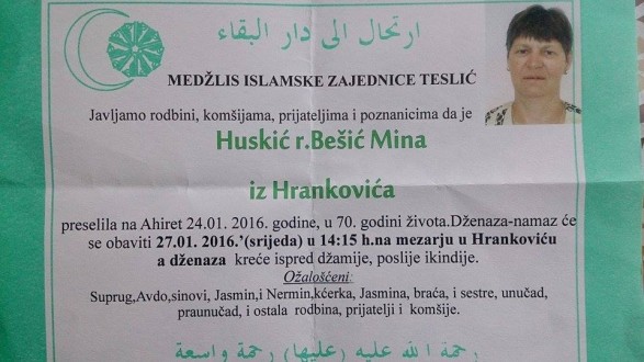 Smrtovnica rahmetli Huskić rođ. Bešić Mina