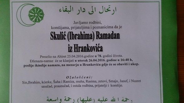 Smrtovnica rahmetli Skulić Ramadan