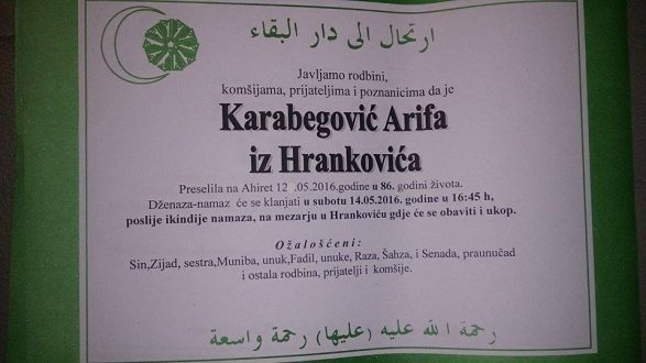 Smrtovnica rahmetli Karabegović Arifa