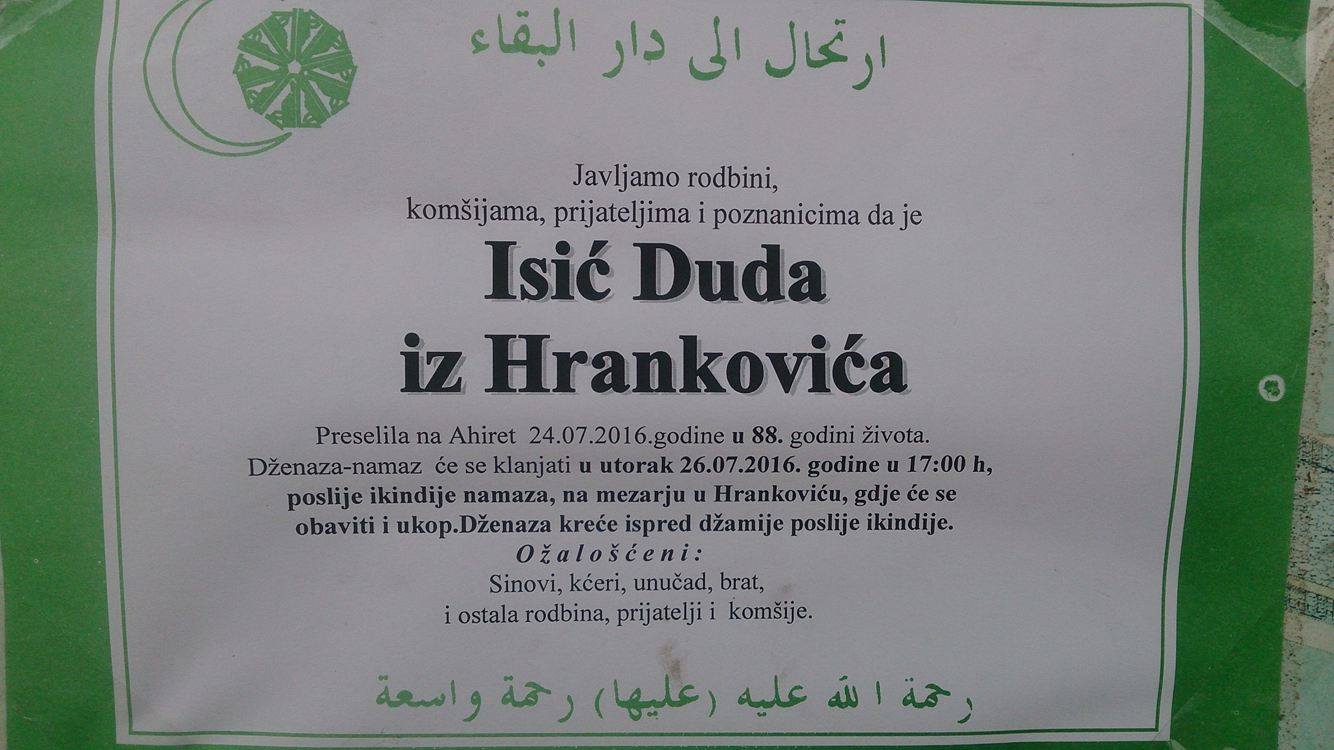 Na Ahiret preselila naša sestra Isić Duda