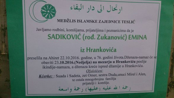 Smrtovnica rahmetli Sadiković rođ. Zukanović Emina