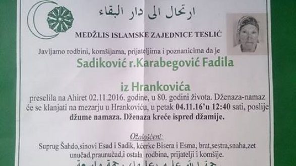 Smrtovnica rahmetli Sadiković Fadila