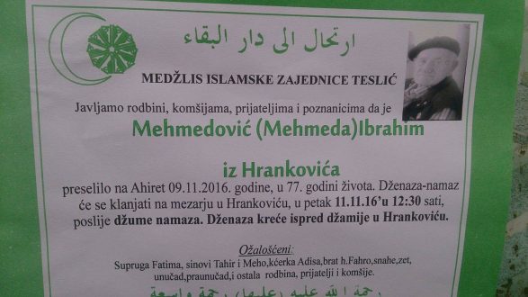 Smrtovnica rahmetli Mehmedović Ibrahim