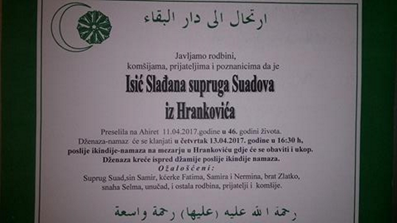 Na Ahiret je preselila naša sestra Isić Slađana iz Hrankovića
