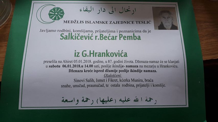 Na Ahiret je preselila naša sestra Salkičević (r. Bećar) Pemba iz Hrankovića