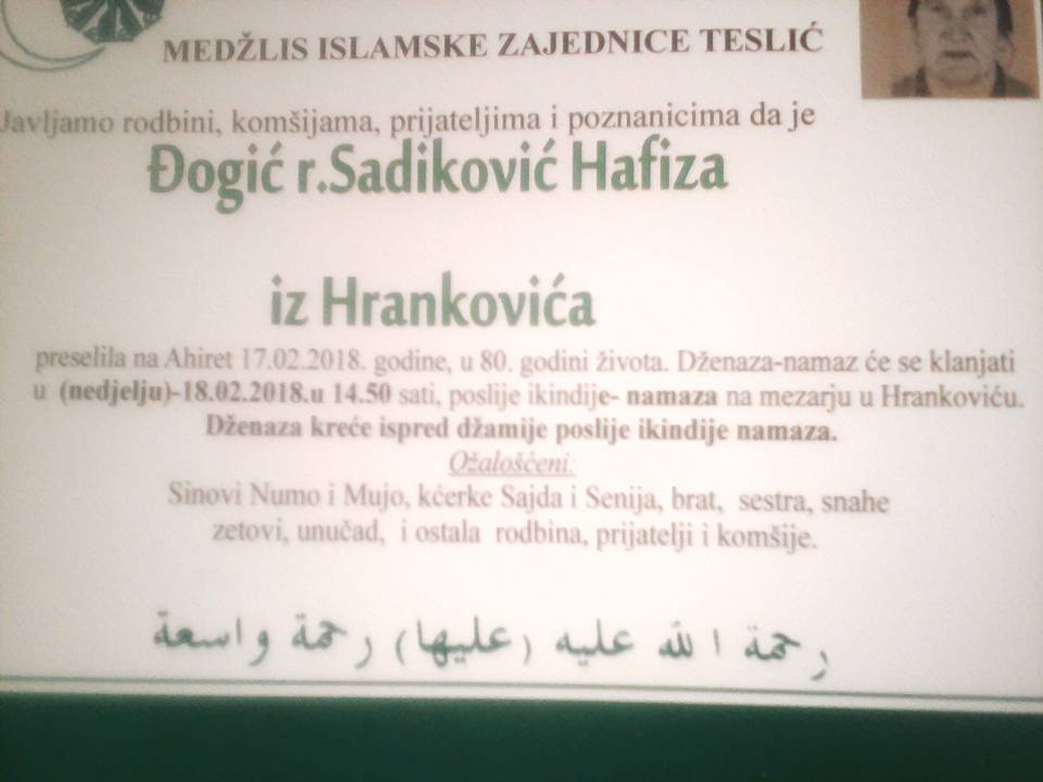 Na Ahiret je preselila naša sestra Đogić (r. Sadiković) Hafiza iz Hrankovića