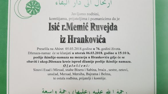 Smrtovnica rahmetli Isić rođ. Memić Ruvejda
