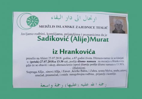 Smrtovnica rahmetli Sadiković Murat