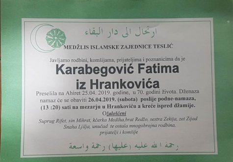Smrtovnica rahmetli Karabegović Fatima
