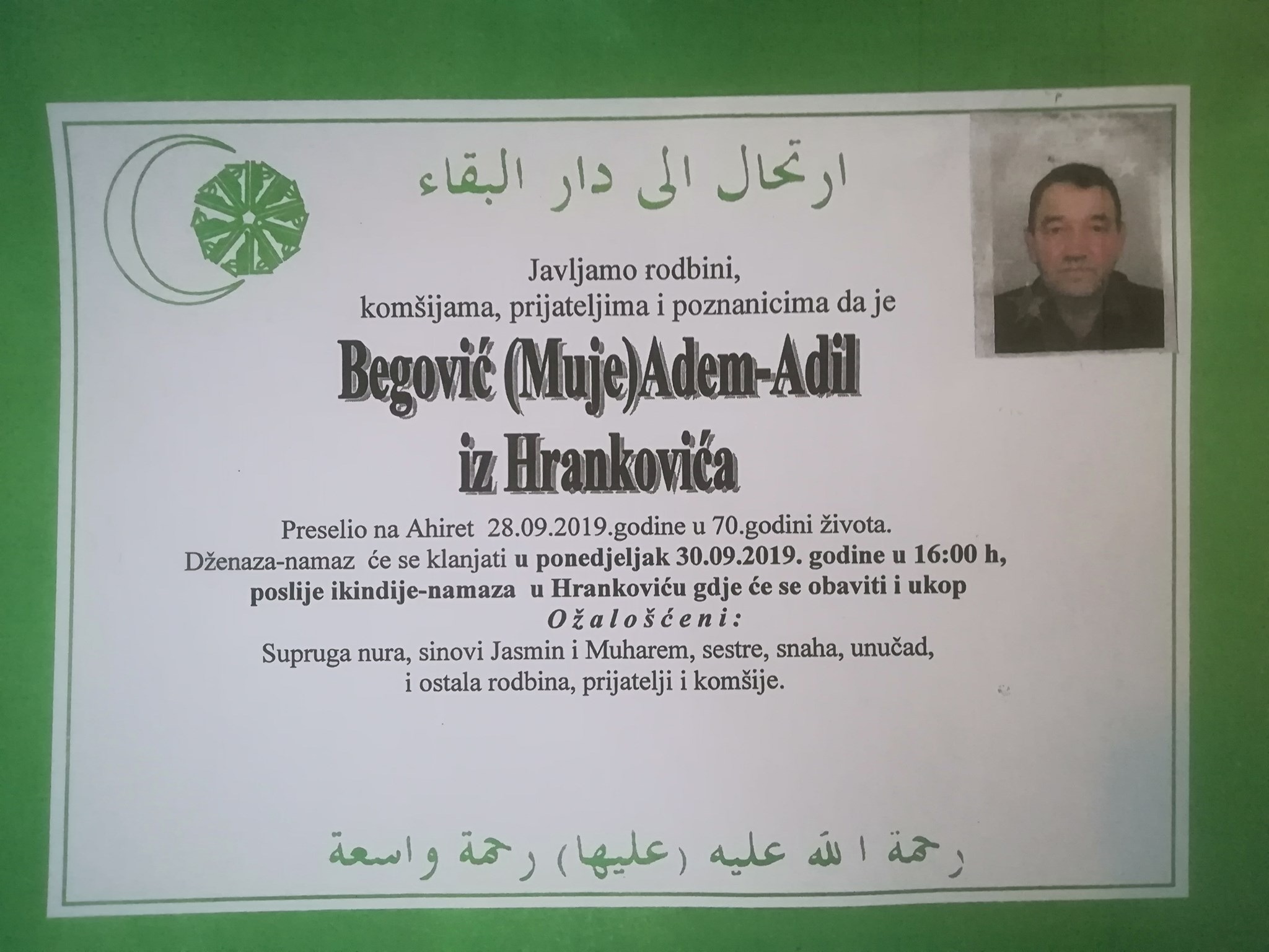 Na Ahiret je preselio naš brat Begović (Muje) Adem-Adil