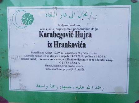 Smrtovnica rahmetli Karabegović Hajra