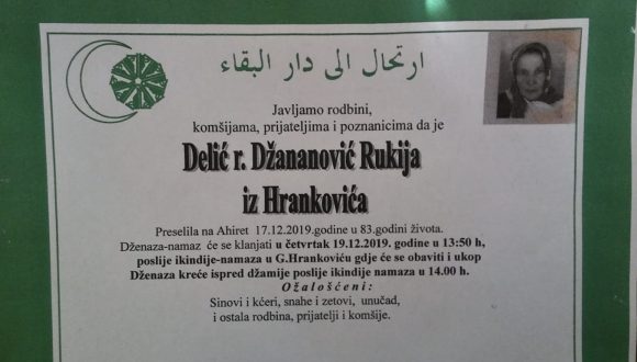Smrtovnica rahmetli Rukija Delić