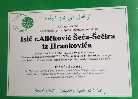 Smrtovnica rahmetli Isić Šećira- Šeća