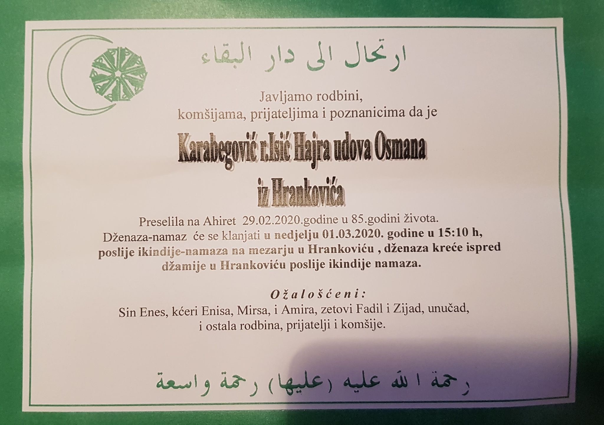 Na Ahiret je preselila naša sestra Karabegović Hajra