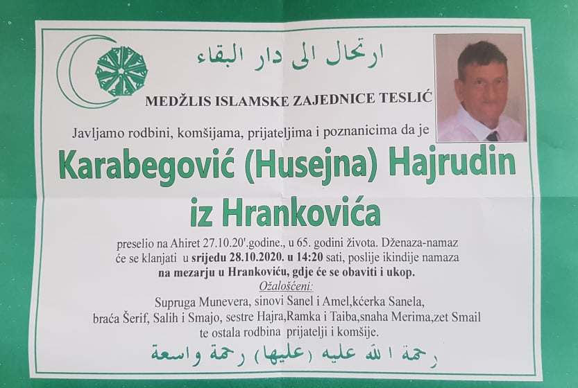 Na Ahiret je preselio naš brat Karabegović Hajrudin