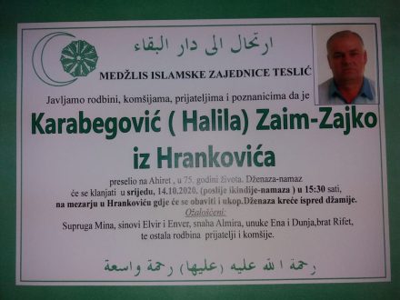 Smrtovnica rahmetli Karabegović Zaim-Zajko