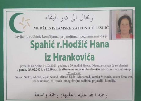 Smrtovnica rahmetli Hana Spahić