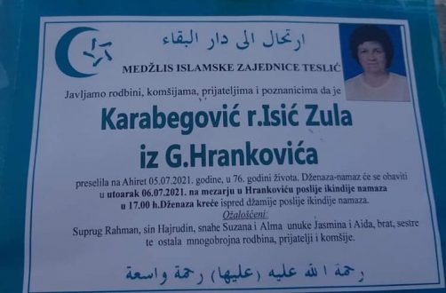 Smrtovnica rahmetli Karabegović Zula