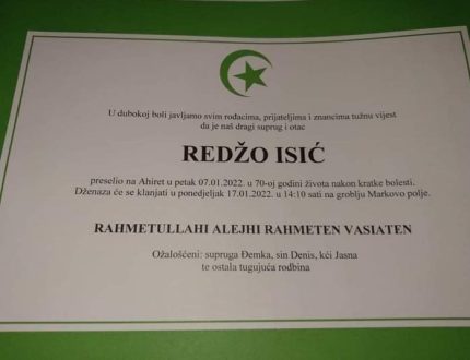 Smrtovnica rahmetli ISIĆ Redžo
