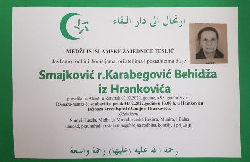 Smrtovnica rahmetli Smajković Behidža