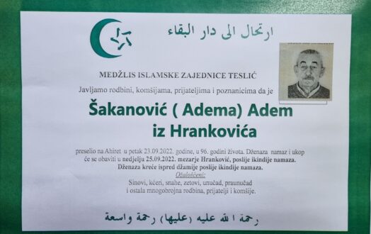 Smrtovnica rahmetli Šakanović Adem iz Hrankovića