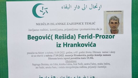 Smrtovnica rahmetli Begović Ferid-Prozor iz Hrankovića