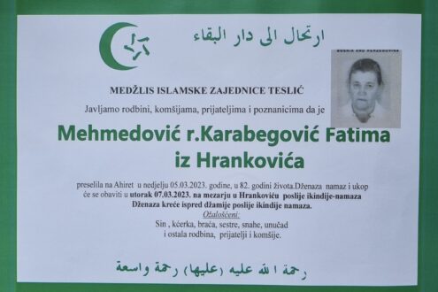 Smrtovnica rahmetli Mehmedović Fatima iz Hrankovića
