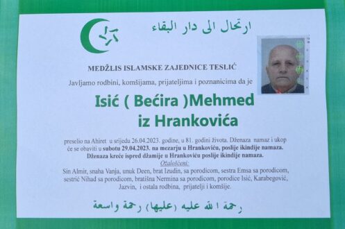 Smrtovnica rahmetli ISIĆ Mehmed iz Hrankovića