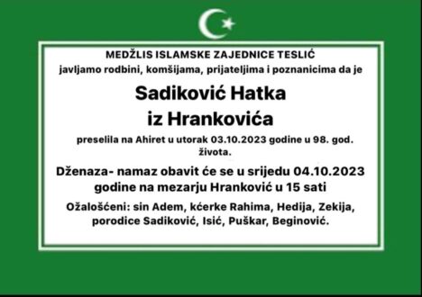 Smrtovnica rahmetli Sadiković Hatka iz Hrankovića