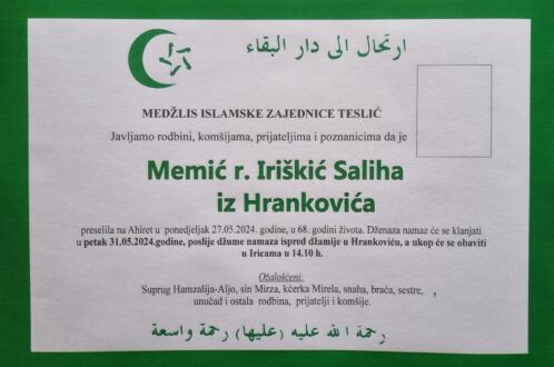 Smrtovnica rahmetli Memić Saliha iz Hrankovića