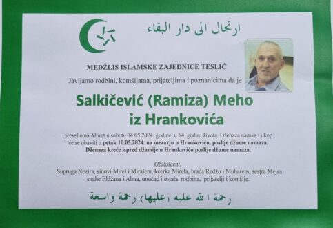 Smrtovnica rahmetli Salkičević Meho iz Hrankovića