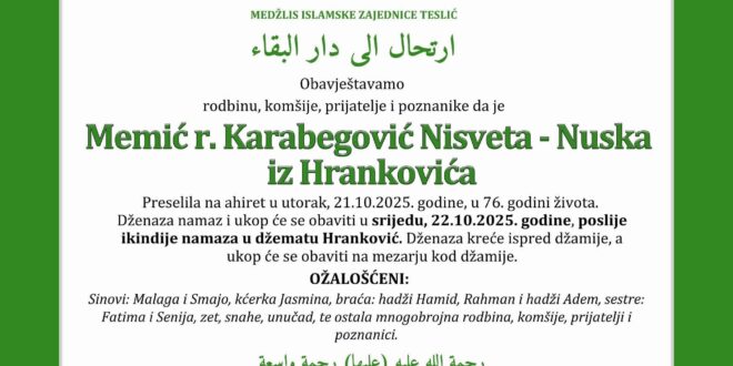 Na Ahiret je preselila naša sestra Memić Nisveta-Nuska iz Hrankovića