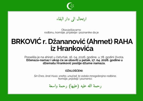 Smrtovnica rahmetli Brković rođ. Džananović Raha