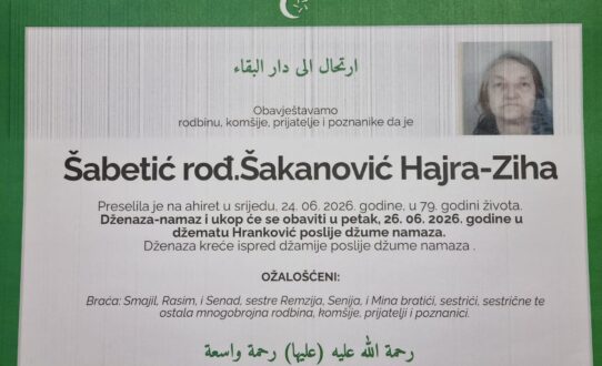 Smrtovnica rahmetli Šabetić rođena Šakanović Hajra-Ziha