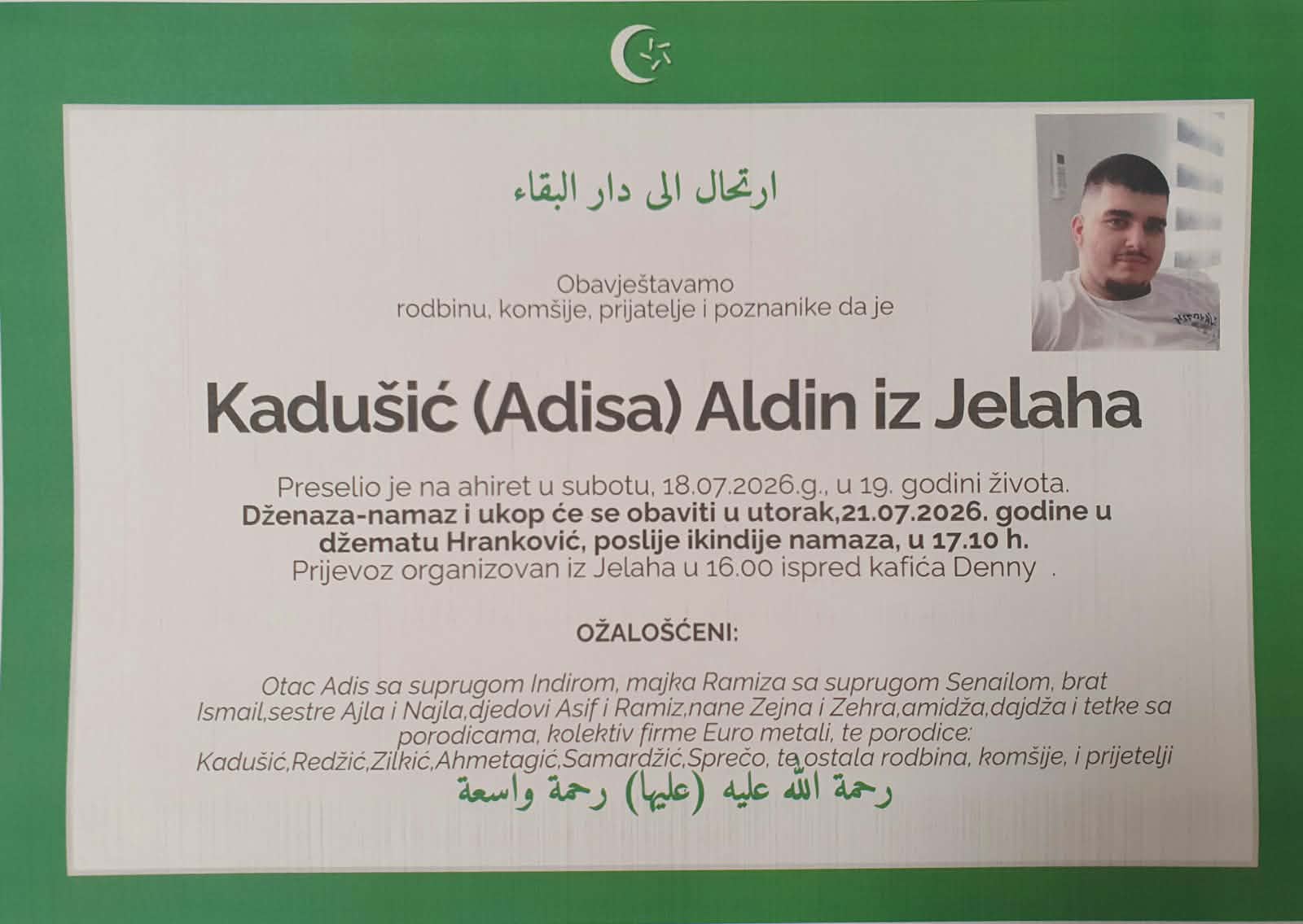 Na Ahiret je preselio naš brat Kadušić (Adisa) Aldin iz Jelaha