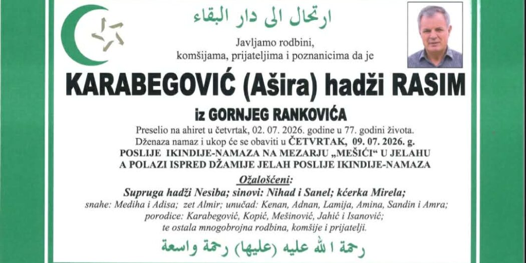 Smrtovnica rahmetli Karabegović h. Rasima