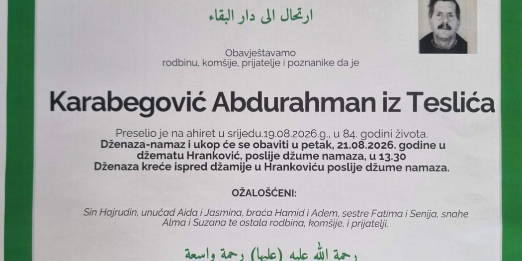Smrtovnica rahmetli Karabegović Abdurahman