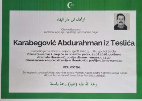 Smrtovnica rahmetli Karabegović Abdurahman