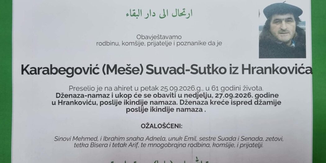 Smrtovnica rahmetli Karabegović ( Meše ) Suad-Sutko