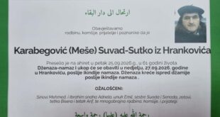 Smrtovnica rahmetli Karabegović ( Meše ) Suad-Sutko