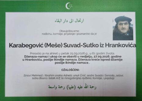 Smrtovnica rahmetli Karabegović ( Meše ) Suad-Sutko