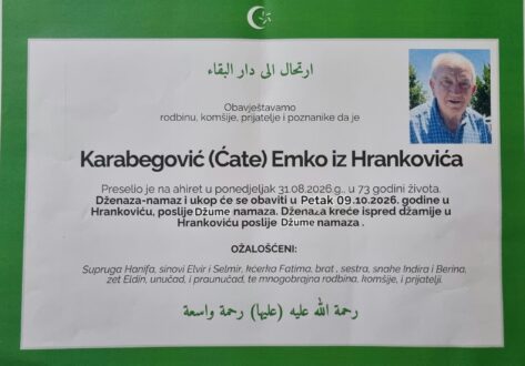 Smrtovnica rahmetli Karabegović (Ćate) Emko